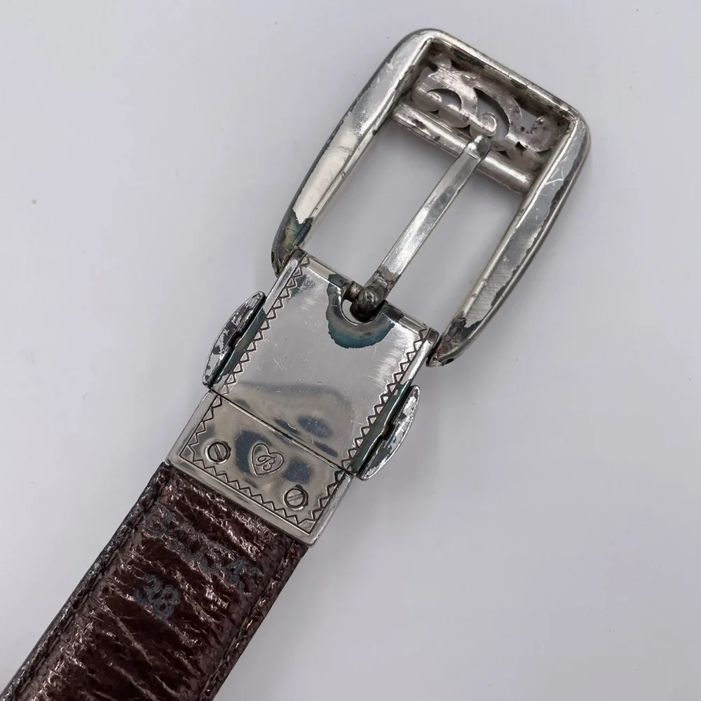 Vintage 80s 90s Brighton Black Leather Belt Women's Size 38 Embellished Buckle